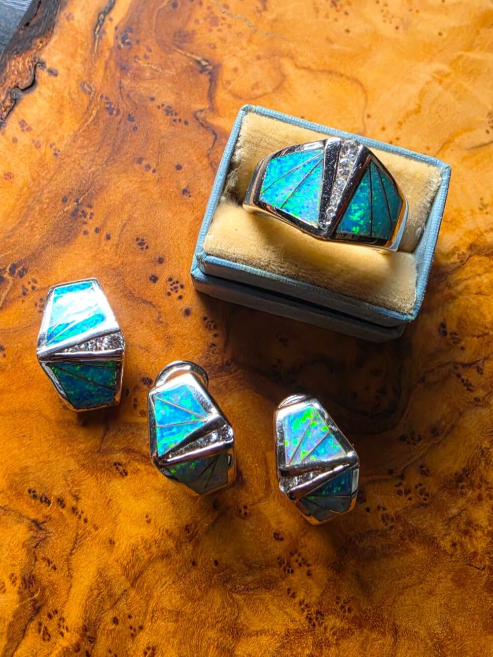 Synthetic Diamond, Opal & Sterling Earrings, Ring & Pendant Set